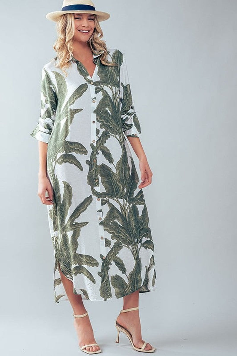 Urban Daizy - Elsie Palms and Promises Button Down Dress in Green