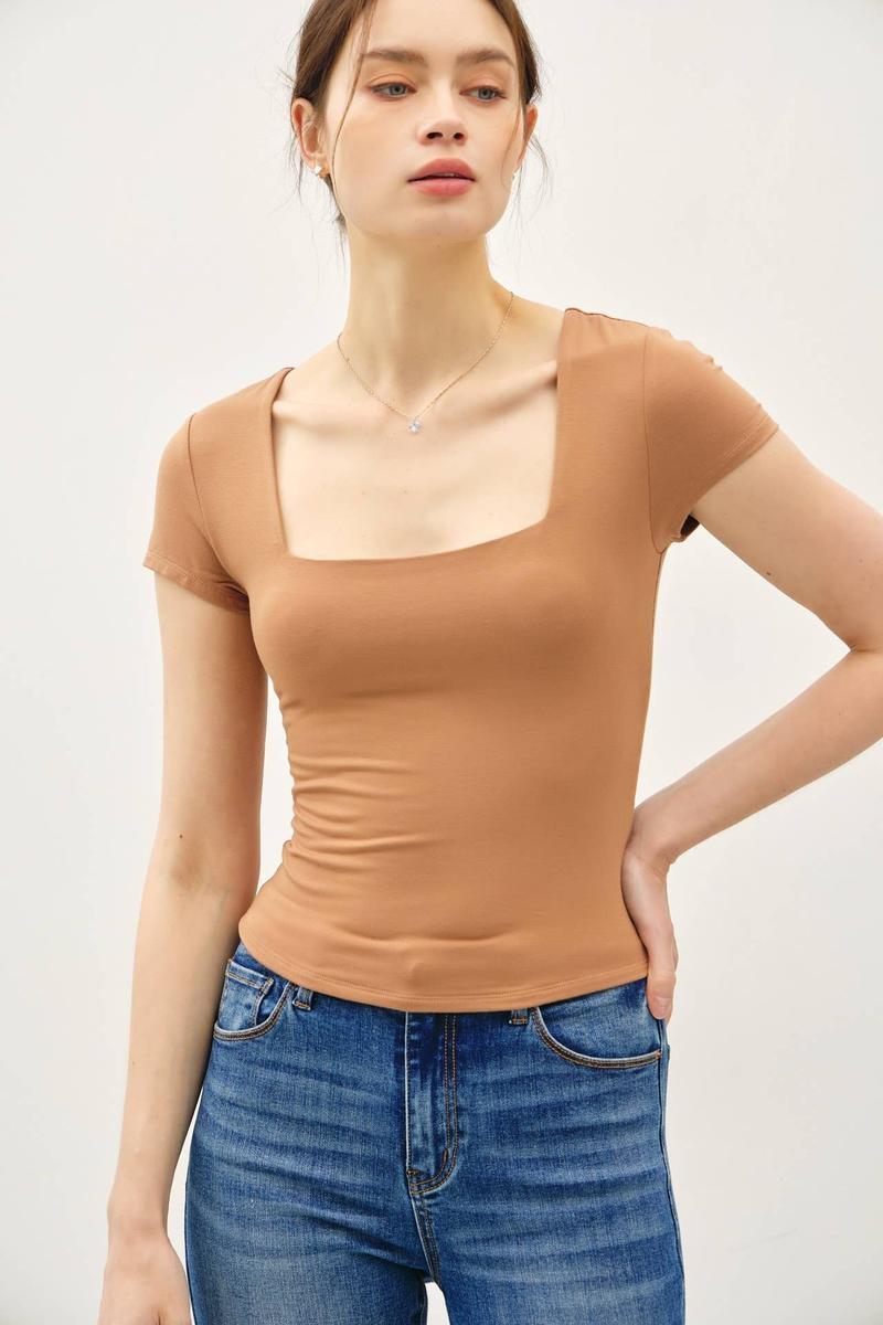 Be Cool - Square Neck Knit Tee in Toffee