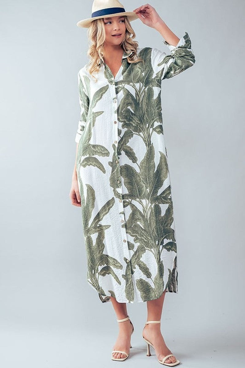 Urban Daizy - Elsie Palms and Promises Button Down Dress in Green