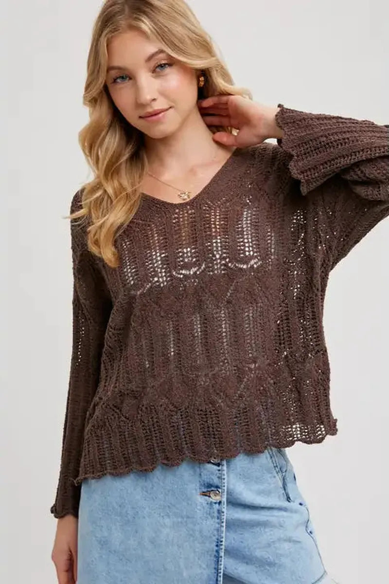 Bluivy - Open Knit Sweater V-Neck Pullover in Coffee