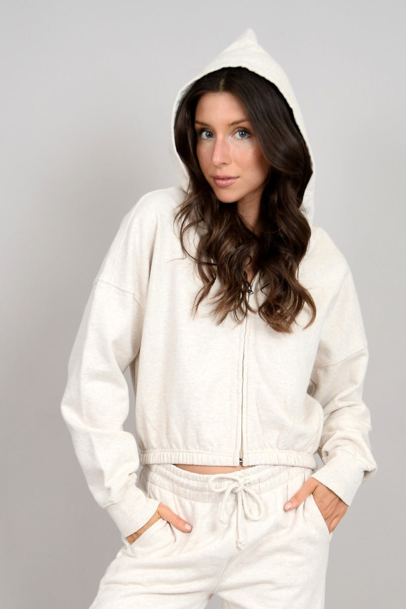 Second Skin by RD Style - Fenedra Long Sleeve Zip Up Cropped Hoody in Heather Oatmeal