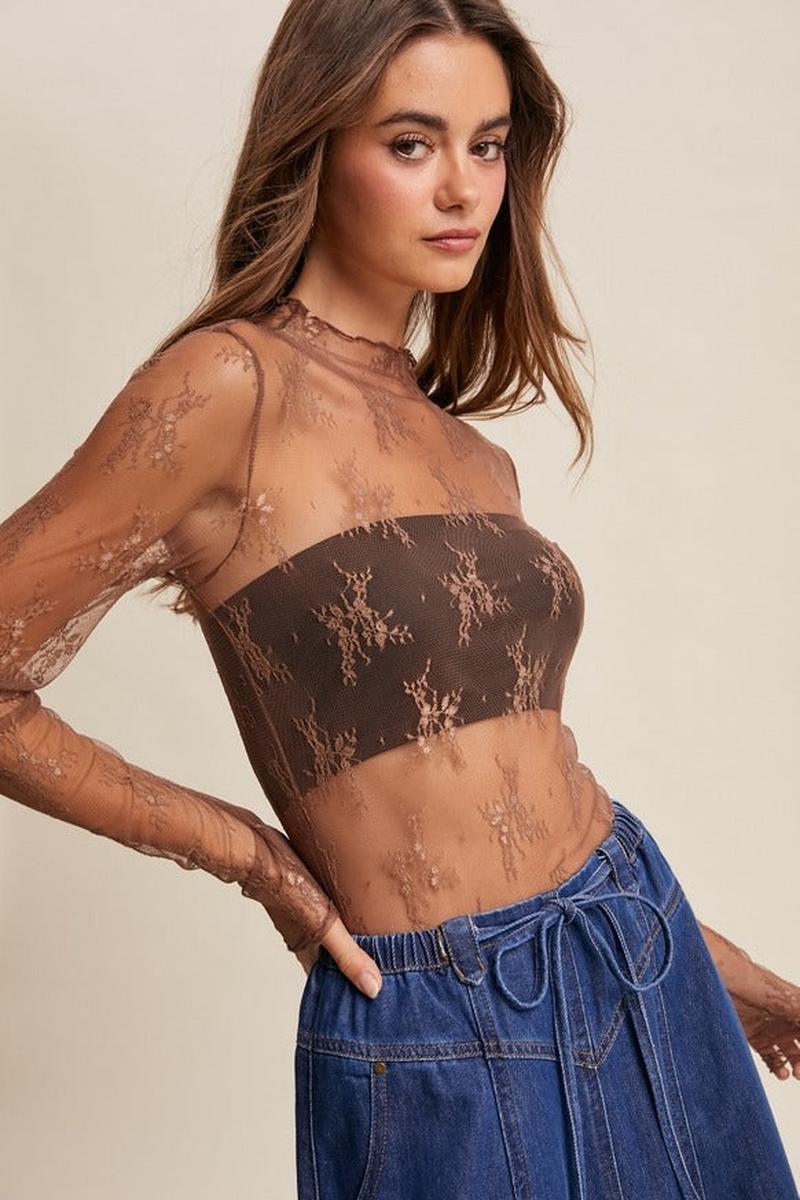 Listicle - Sheer Lace Long-Sleeve Top