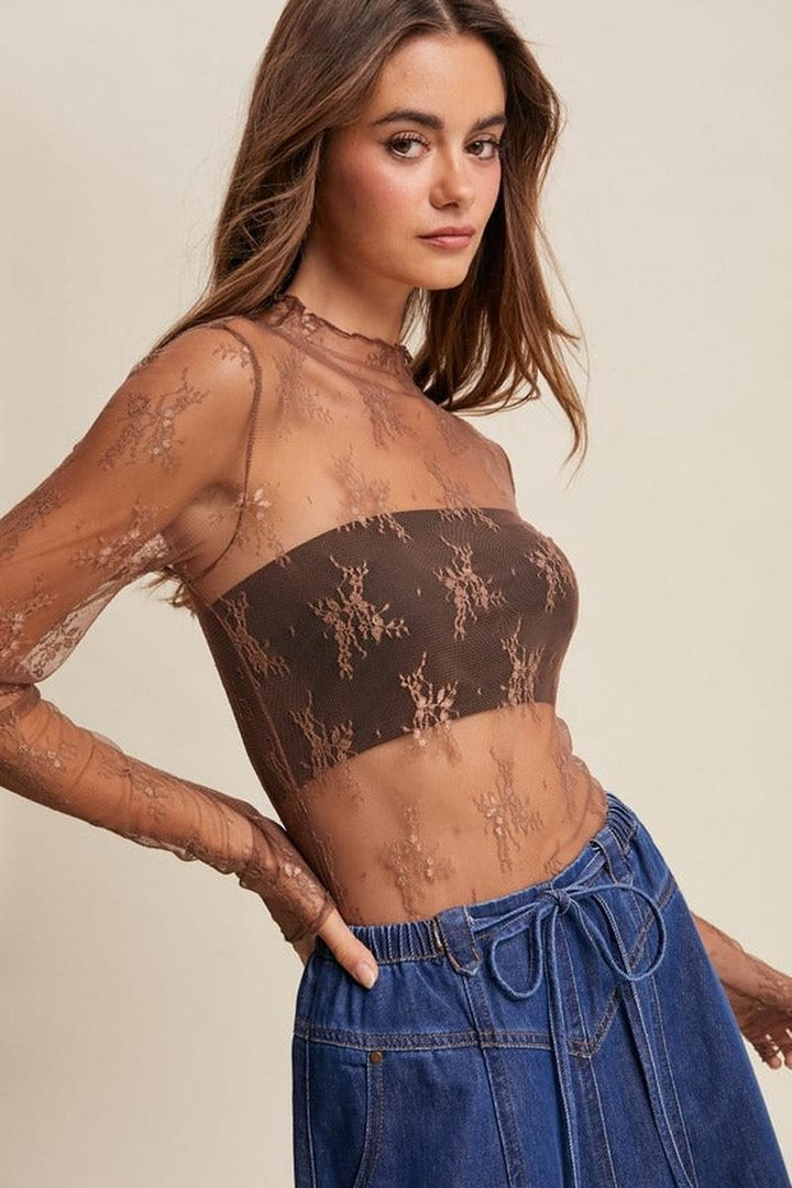 Listicle - Sheer Lace Long-Sleeve Top