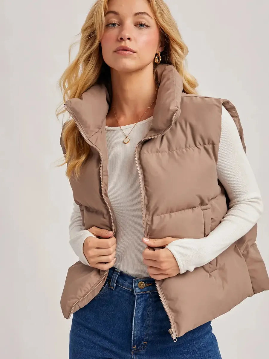 Bluivy - Zipper Front Puffer Vest in Mushroom