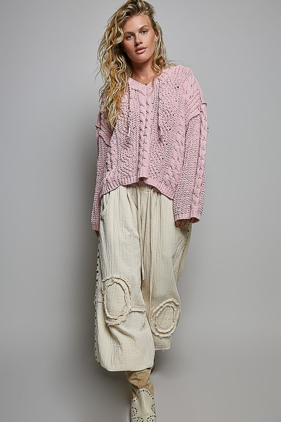 Pol Clothing - Oversize Fit V-Neck Hooded Cable Knit Chenille Sweater