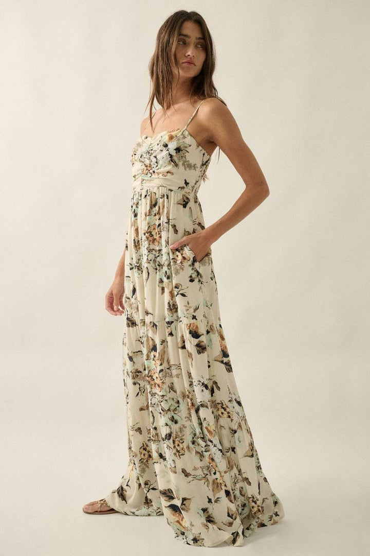 Promesa - Floral Crepe Wide-Leg Tiered Ruffle Cami Jumpsuit in Cream
