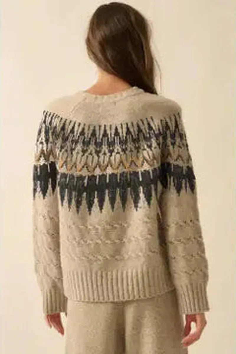 Promesa USA - Cable Knit Fair Isle Raglan-Sleeve Sweater in Oatmeal