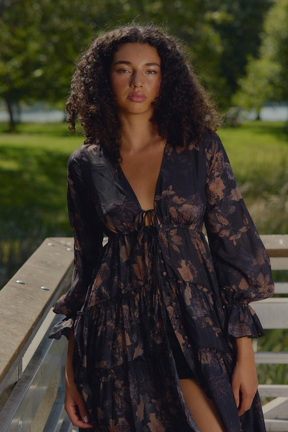 Promesa USA - Floral Chiffon Ruffled Trumpet-Sleeve High-Low Midi Dress