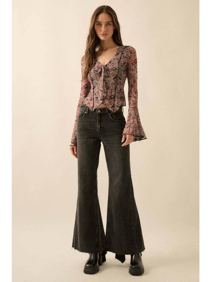 Promesa USA - Floral-Print Mesh Tie-Neck Bell-Sleeve Top in Black