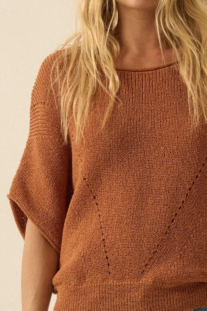Promesa USA - Short-Sleeve Pointelle Ribbed Knit Sweater in Sunburn