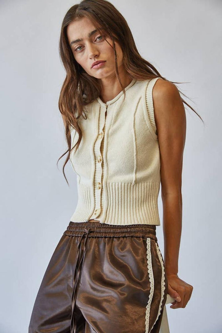 Creamon - Natural Roll Up Neck Sweater Vest Top