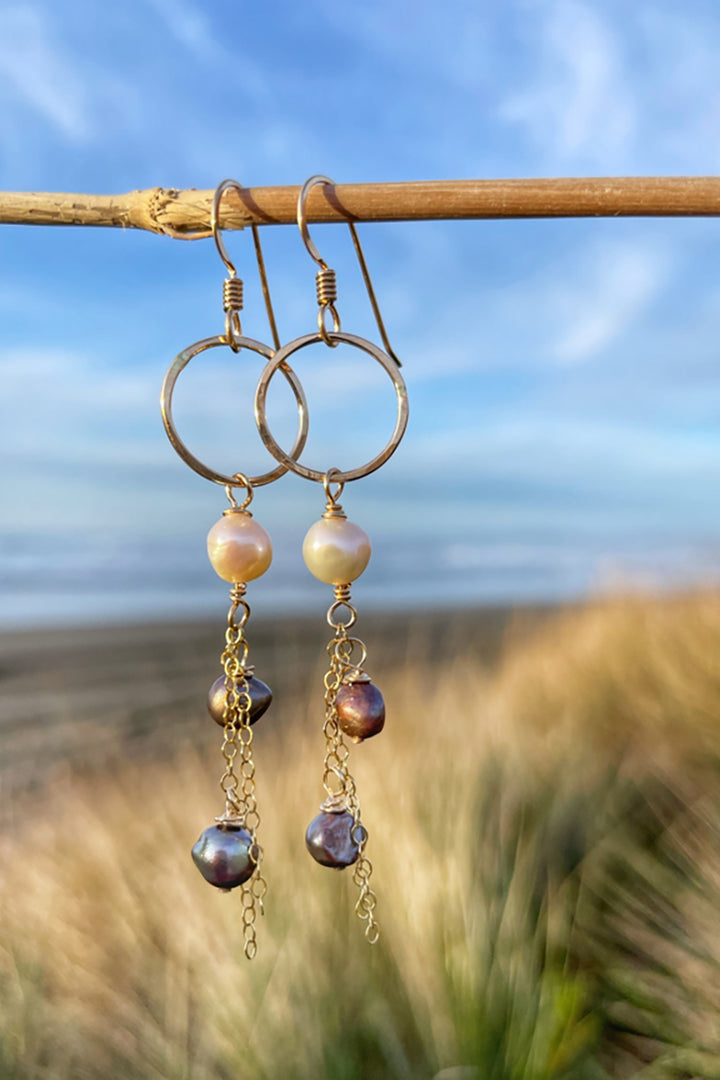 Quinn Sharp - Small Circle Hoop Pearl Chain Dangles in Gold