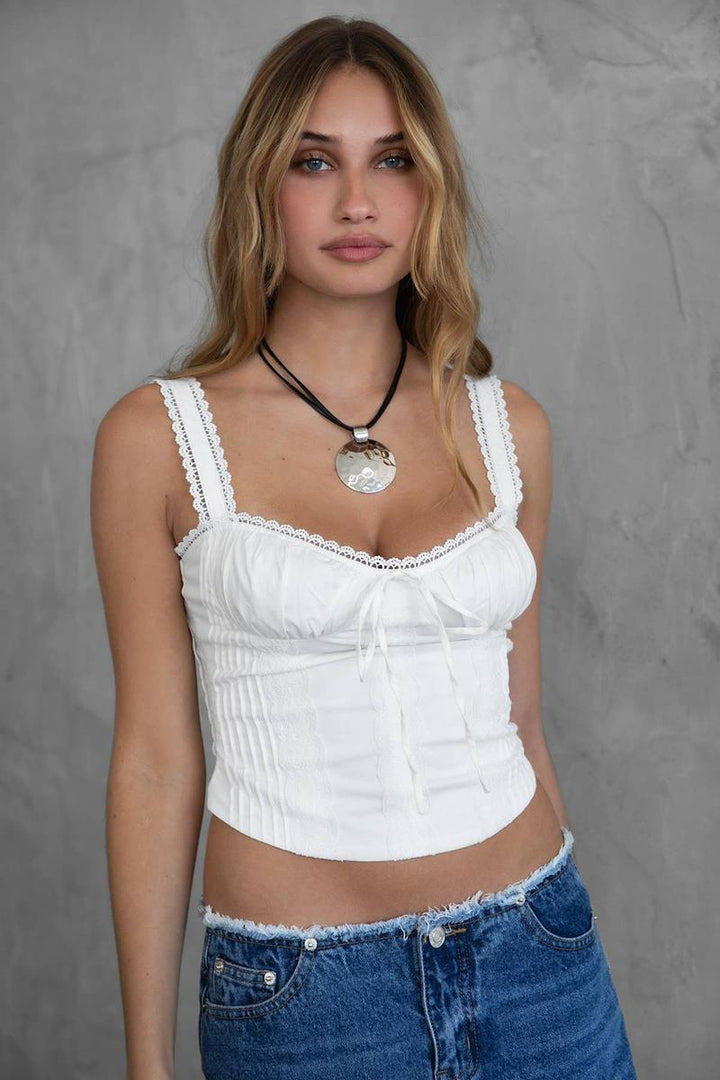 TICTOC - TILLA Sweetheart Neckline with Lace Trim Milkmaid Corset Top in White