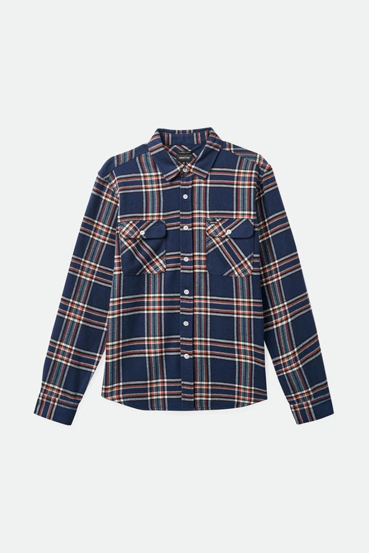 Brixton - Bowery Long Sleeve Flannel in Washed Navy/Off White/Terracotta