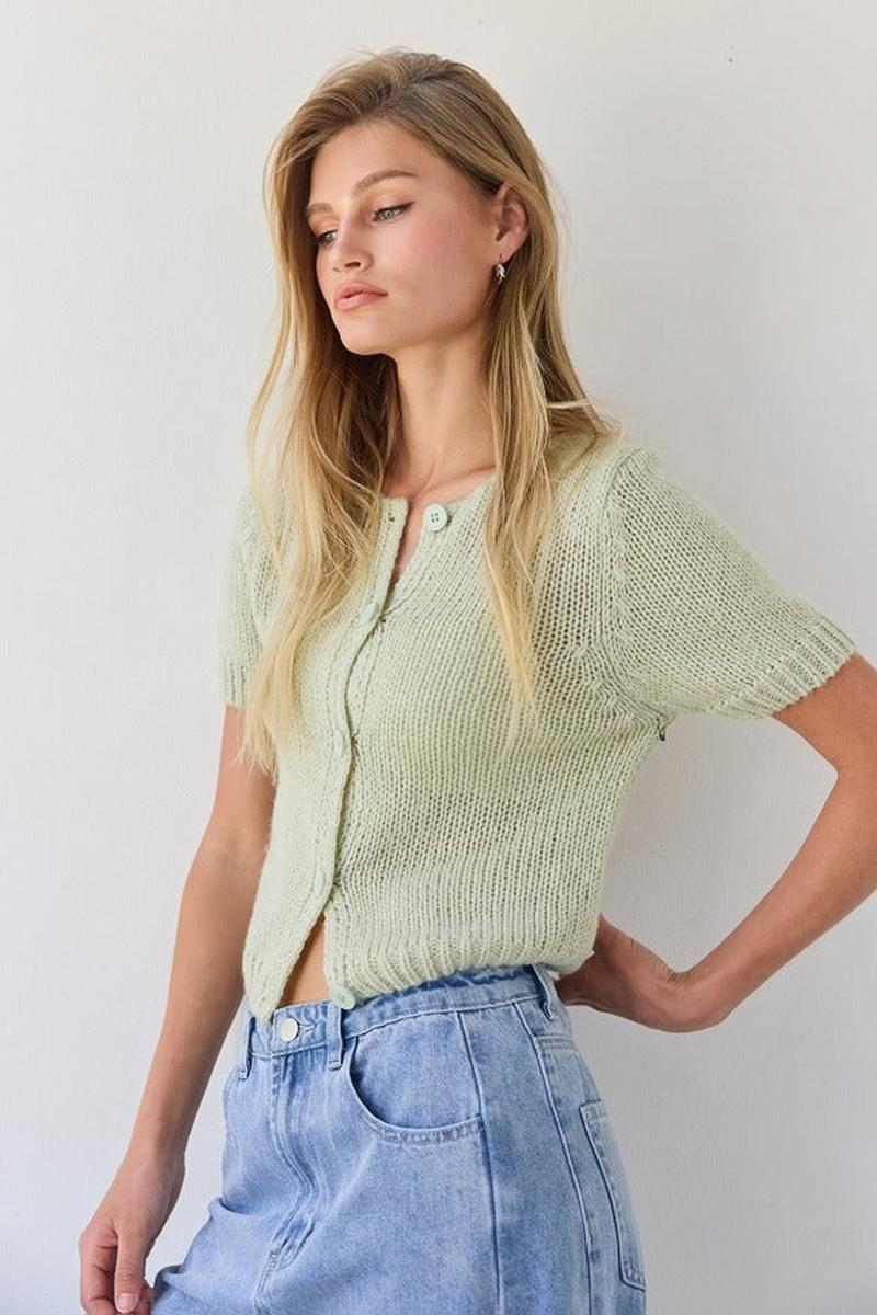 Raisonnel - Short Sleeve Knit Cardigan Top in Pistachio