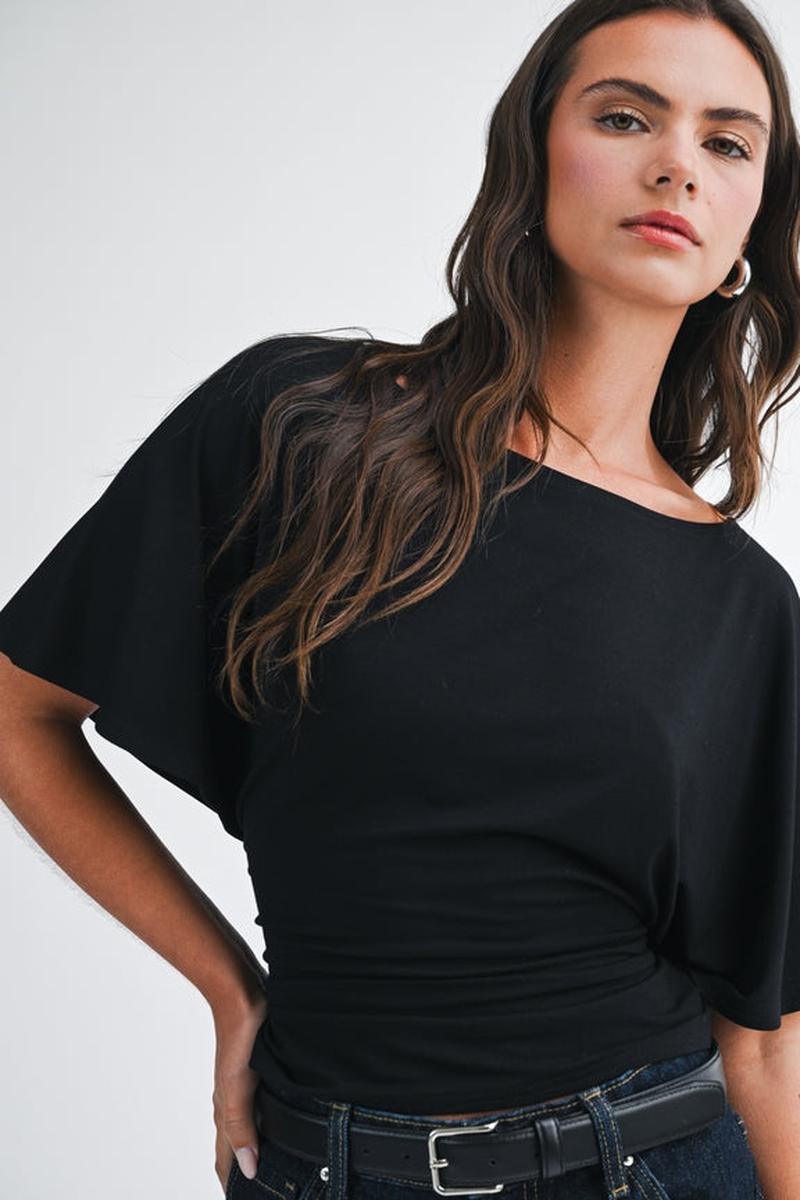 AEMI + CO - Draped Short Sleeve Back Tie Top