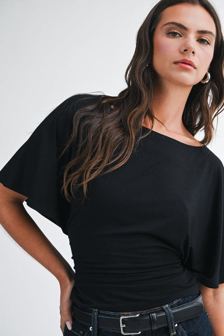 AEMI + CO - Draped Short Sleeve Back Tie Top