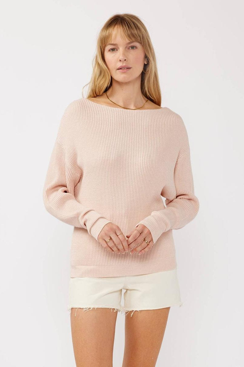 Lovestitch - Waffle Knit Crew Neck Front Knot Pullover Sweater in Heather Blush