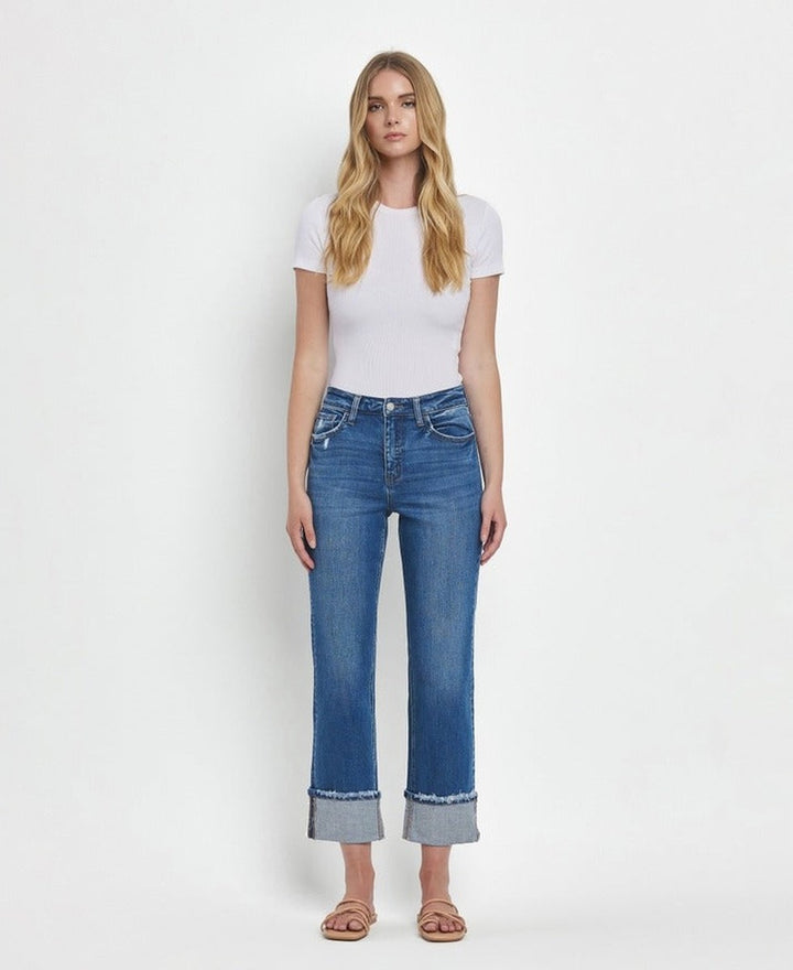 VERVET by Flying Monkey - High Rise Cuffed Straight Jeans in Daphne