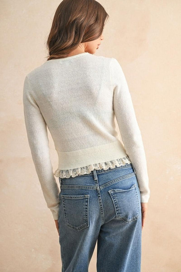 MIOU MUSE - Lace Contrasted Knitted Cardigan