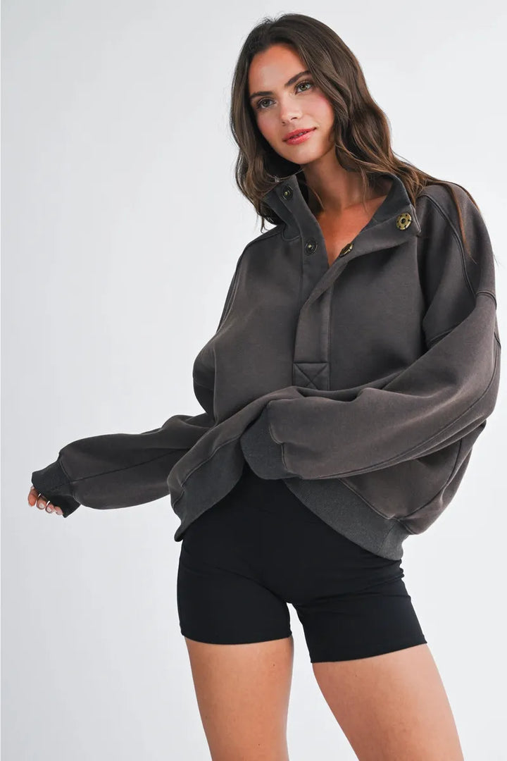 AEMI + CO - Oversized Snap Neck Pullover Sweatshirt in Granite