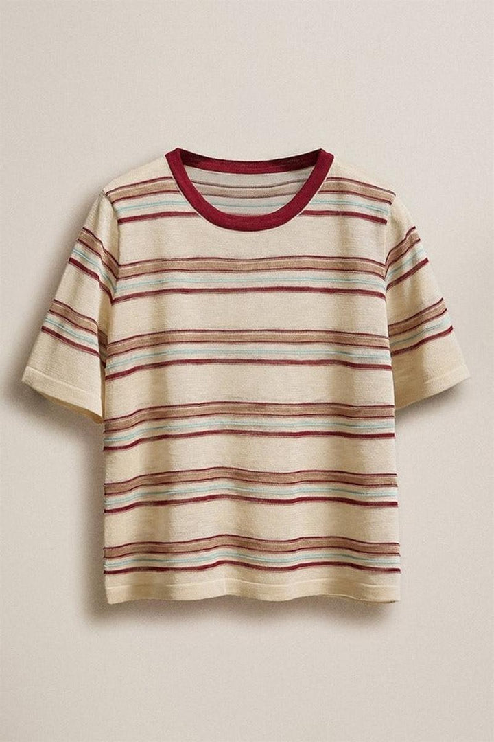 Urban Daizy - Striped Knit Ringer Tee with Crew Neck