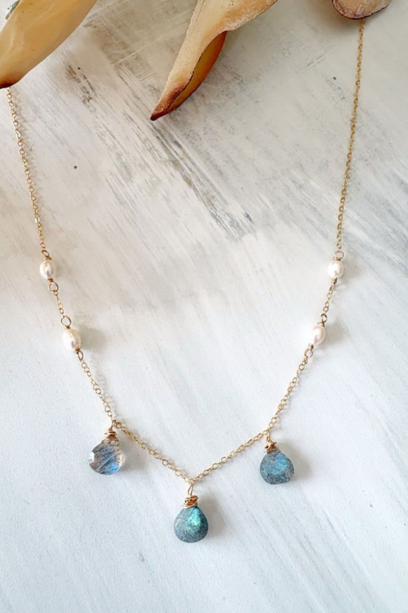 Quinn Sharp - 18” Gold Filled Triple Gemstone and Pearl Necklace