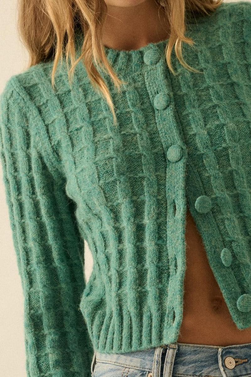 Promesa USA - Cable Knit Button-Up Cardigan Sweater in Pine