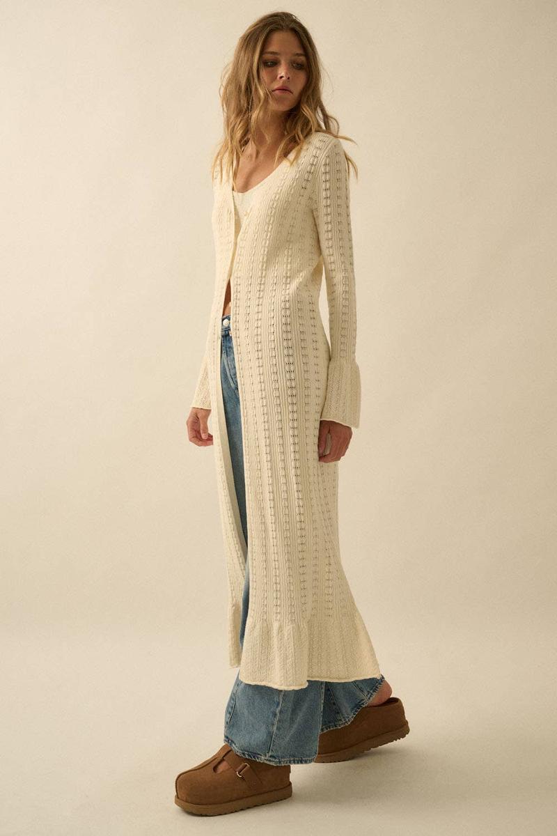 Promesa USA - Pointelle Rib-Knit Trumpet-Sleeve Duster Cardigan in Cream