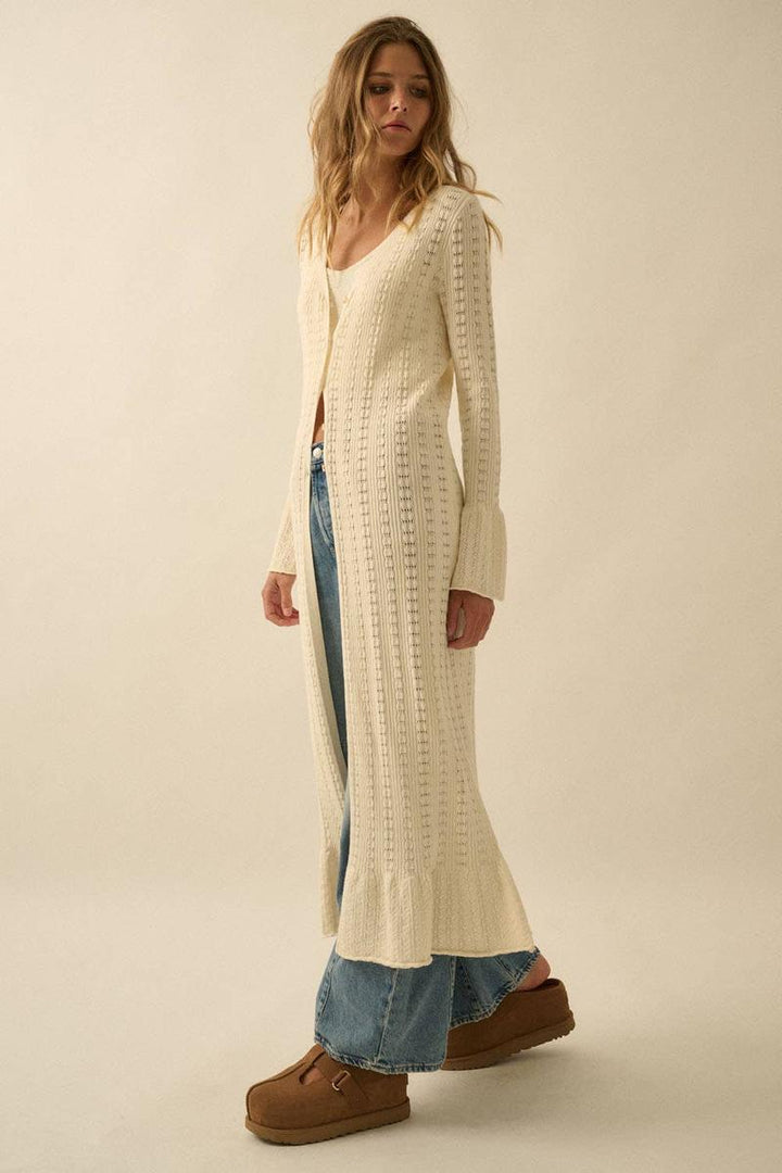 Promesa USA - Pointelle Rib-Knit Trumpet-Sleeve Duster Cardigan in Cream