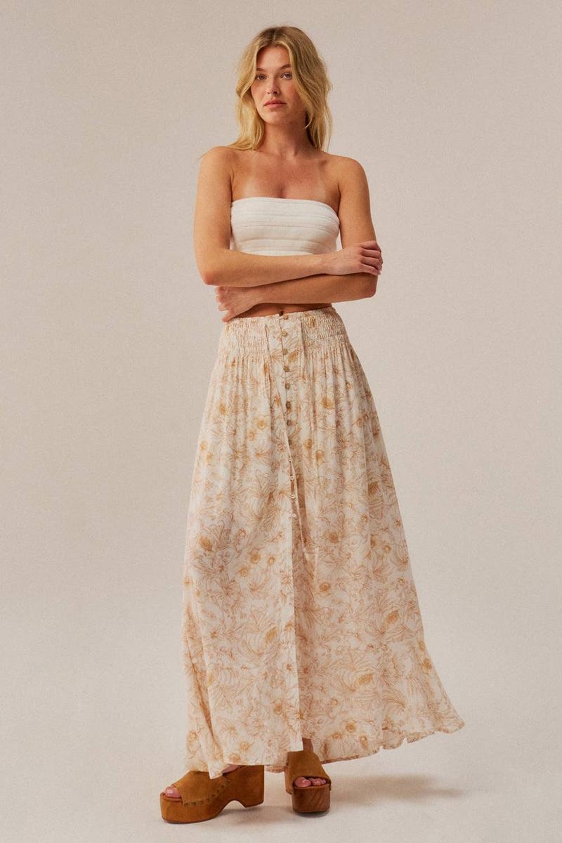 Promesa USA - Floral-Print Crepe Button-Front Drop-Waist Maxi Skirt in Cream