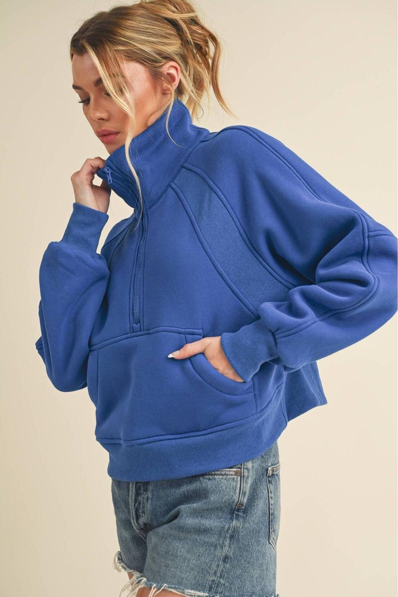 AEMI + CO - Dove Funnel Neck Half Zip in Cobalt