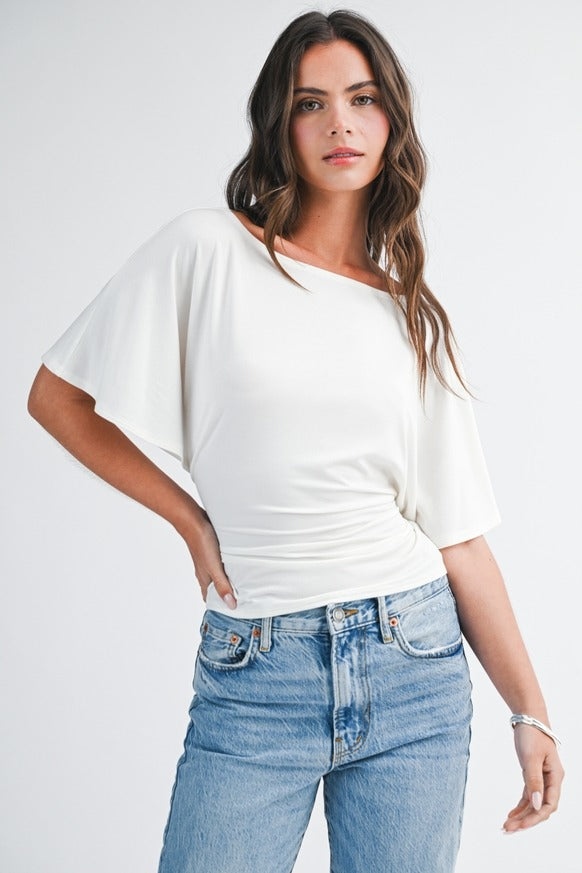 AEMI + CO - Draped Short Sleeve Back Tie Top