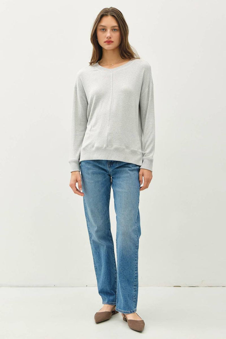 Be Cool - Round Neck Hacci Brushed Pullover Knit Top in Heather Grey