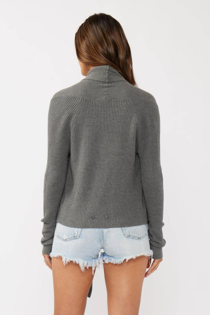 Lovestitch - Waffle Knit Long Sleeve Tie Front Cardigan in Black