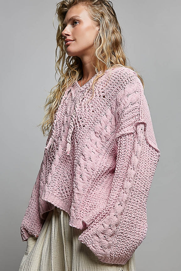 Pol Clothing - Oversize Fit V-Neck Hooded Cable Knit Chenille Sweater