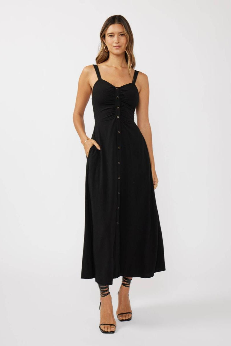 Lovestitch - V-Neck Ruched Button Down Maxi Dress in Black