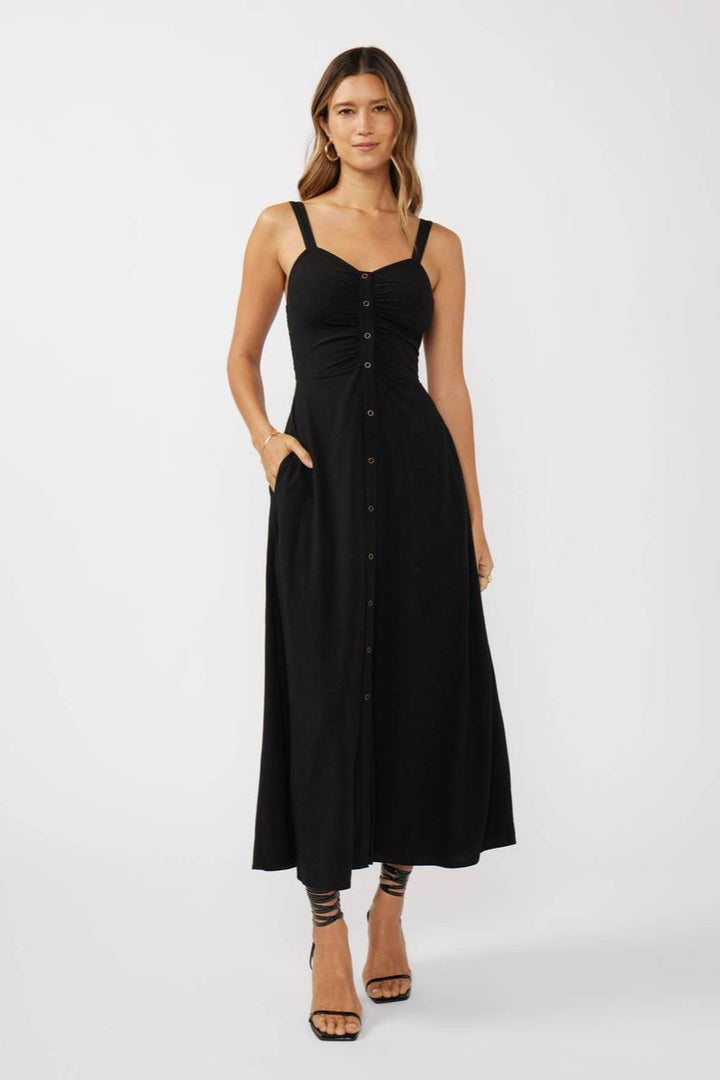 Lovestitch - V-Neck Ruched Button Down Maxi Dress in Black
