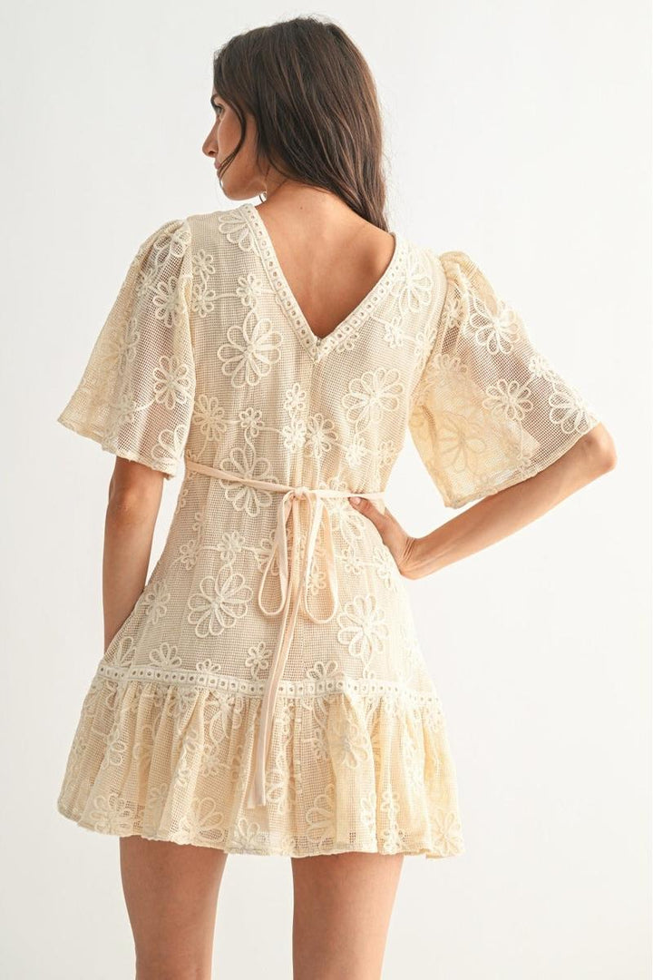 Camellia - Elegant Floral Lace Mini Dress in Cream