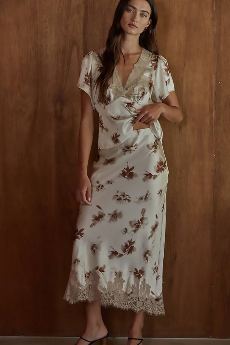 By Together - Woven Satin Polyester Floral Print Midi Skirt