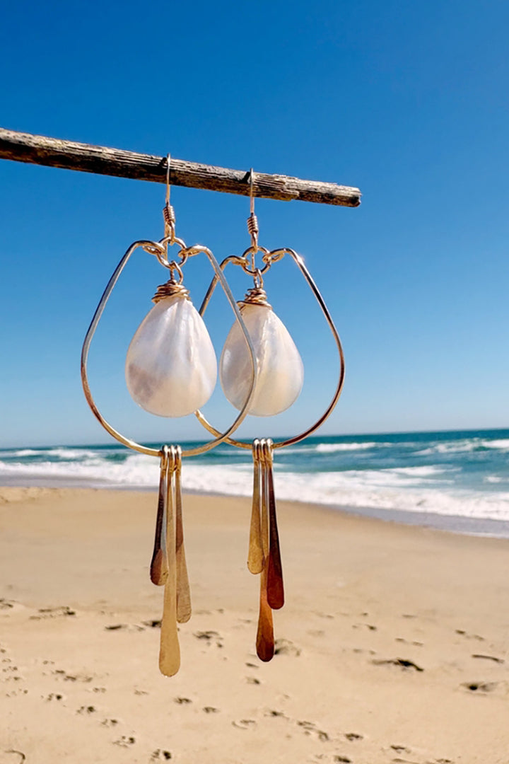 Quinn Sharp - Teardrop Mother of Pearl Hoops Long Fringe in Gold