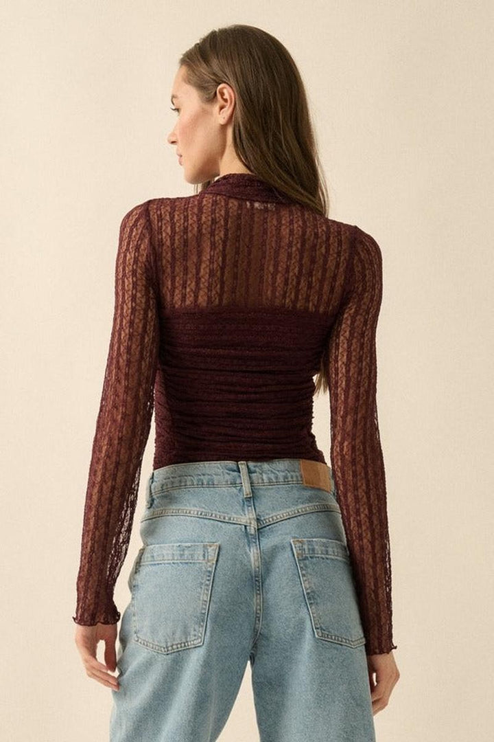 Promesa USA - Striped Floral Lace Ruched Mock-Neck Bodysuit in Baked Plum