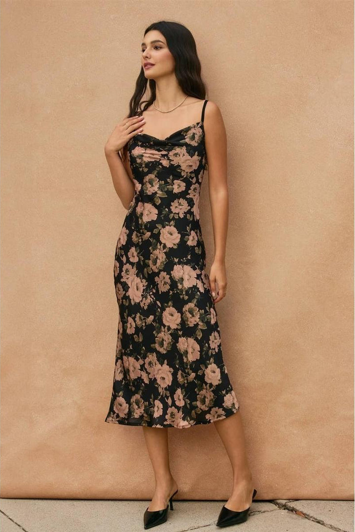 Dress Forum - Ashen Rose Cowl Neck X Back Midi Dress in Midnight Garden