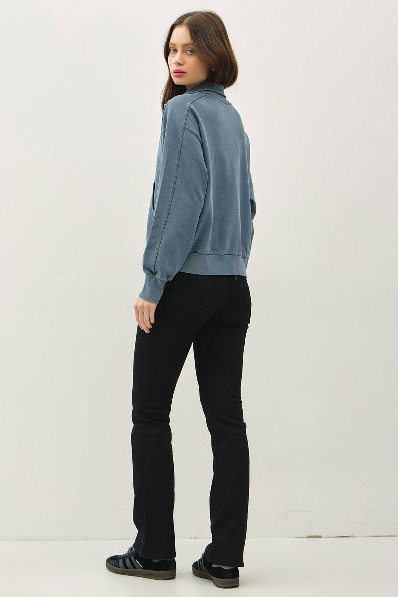 Be Cool. - Acid Wash High Collar Zip Up Sweatshirt in Teal
