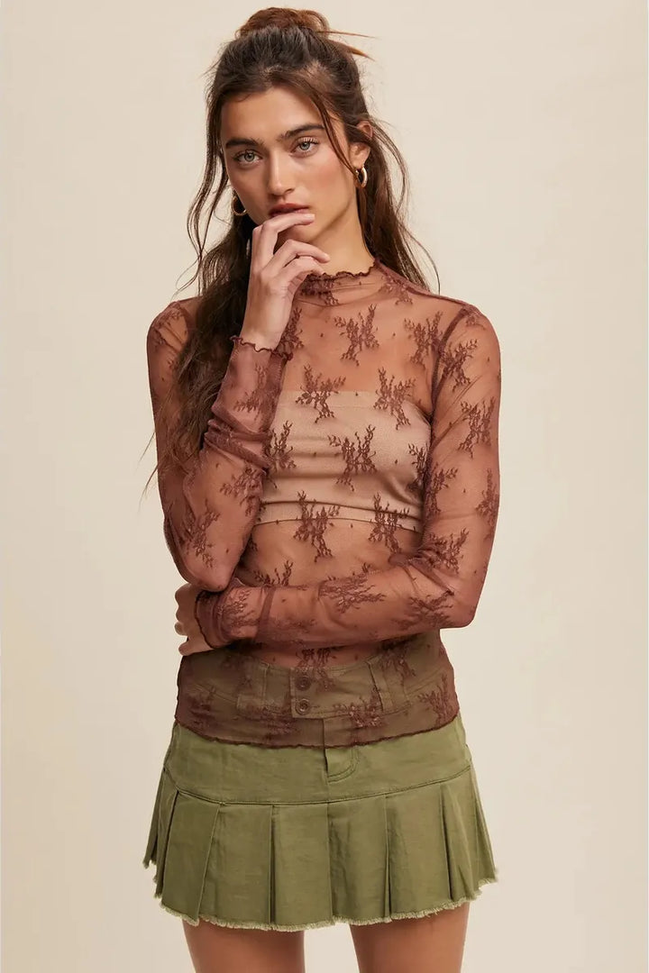 Listicle - Sheer Lace Long-Sleeve Top in Red Bean