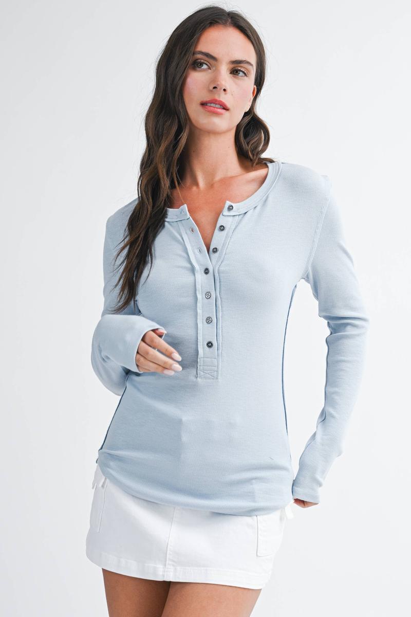 AEMI + CO - Henley Long Sleeve Top in Sky