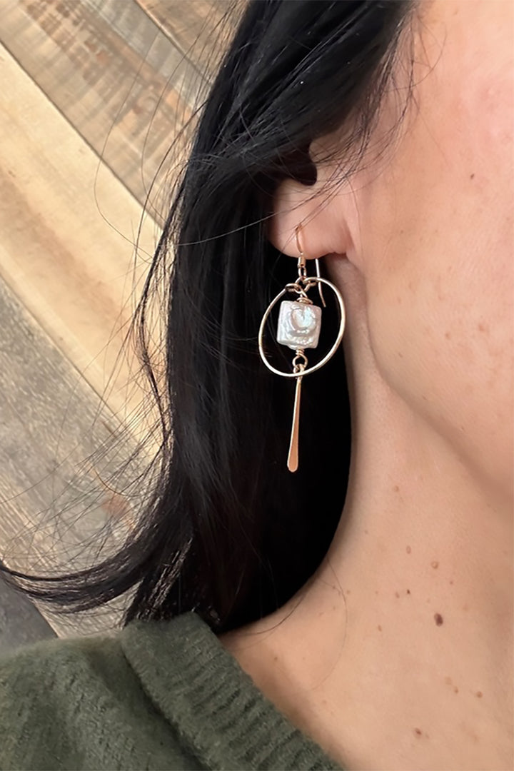 Quinn Sharp Handmade - Small Hoop Square Pearl Dangle in Gold