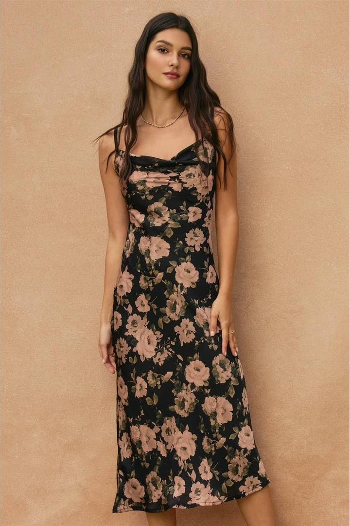 Dress Forum - Ashen Rose Cowl Neck X Back Midi Dress in Midnight Garden
