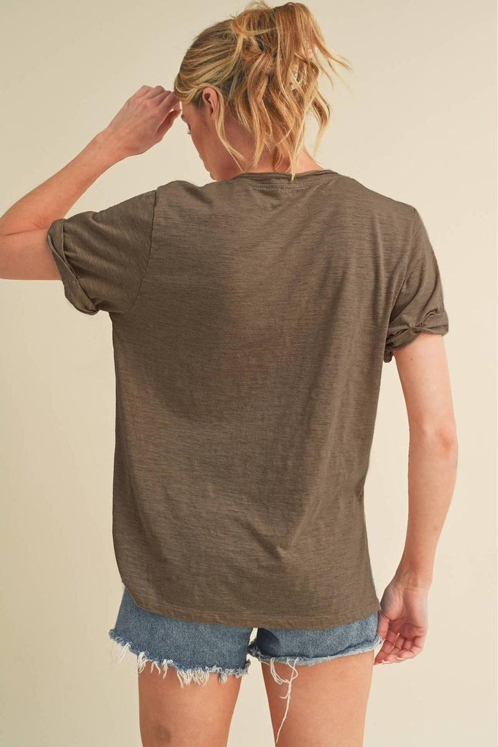 AEMI+CO - Zoie V-Neck Short Sleeve Tee in Chocolate