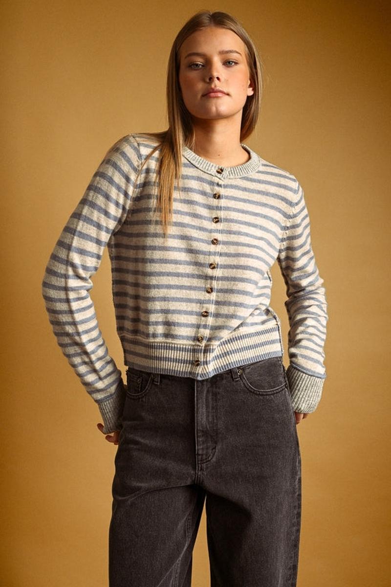 MIOU MUSE - Striped Pattern Button Front Cardigan